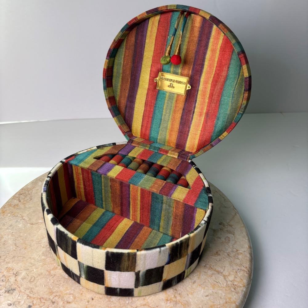 MacKenzie-Childs Jewelry Trinket Box Small Multi Courtly Check Striped Floral